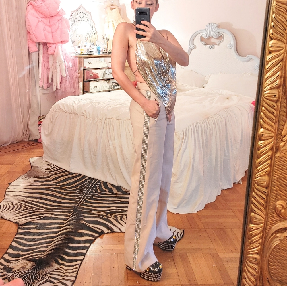 Area NYC pale pink cream tuxedo crystal pants sz6
